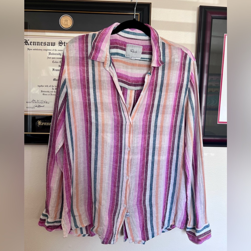 Rails Linen Striped Button-Front & Back Shirt Size Small Pink White Orange Blue